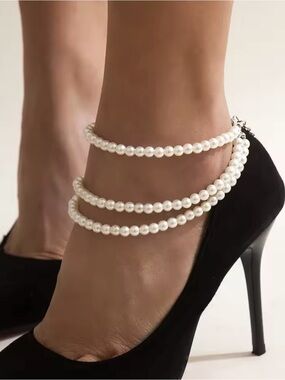 Triple Strand Pearl Anklet - White Pearls
